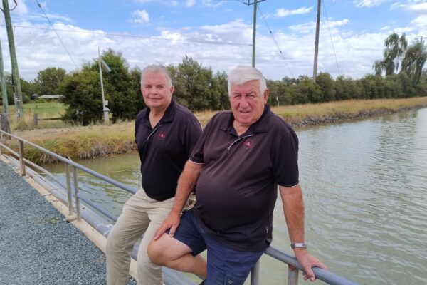 John Lilford (rear) and Greg Caldwell sell farm real estate for H and G Real Estate Kyabram.